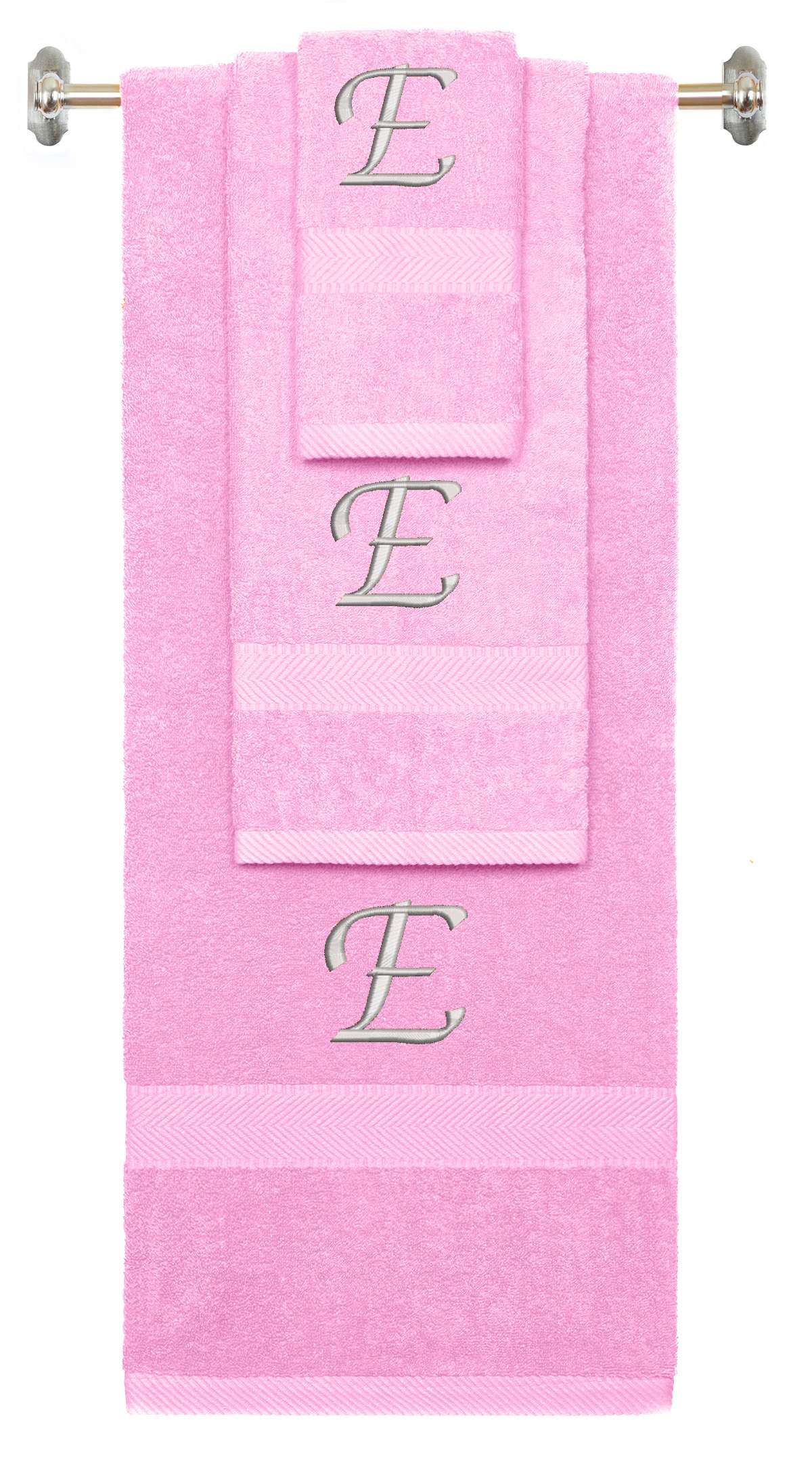 Pink monogrammed towel set with Silver thread, Chancery font, initial E - 540 GSM cotton 3-piece