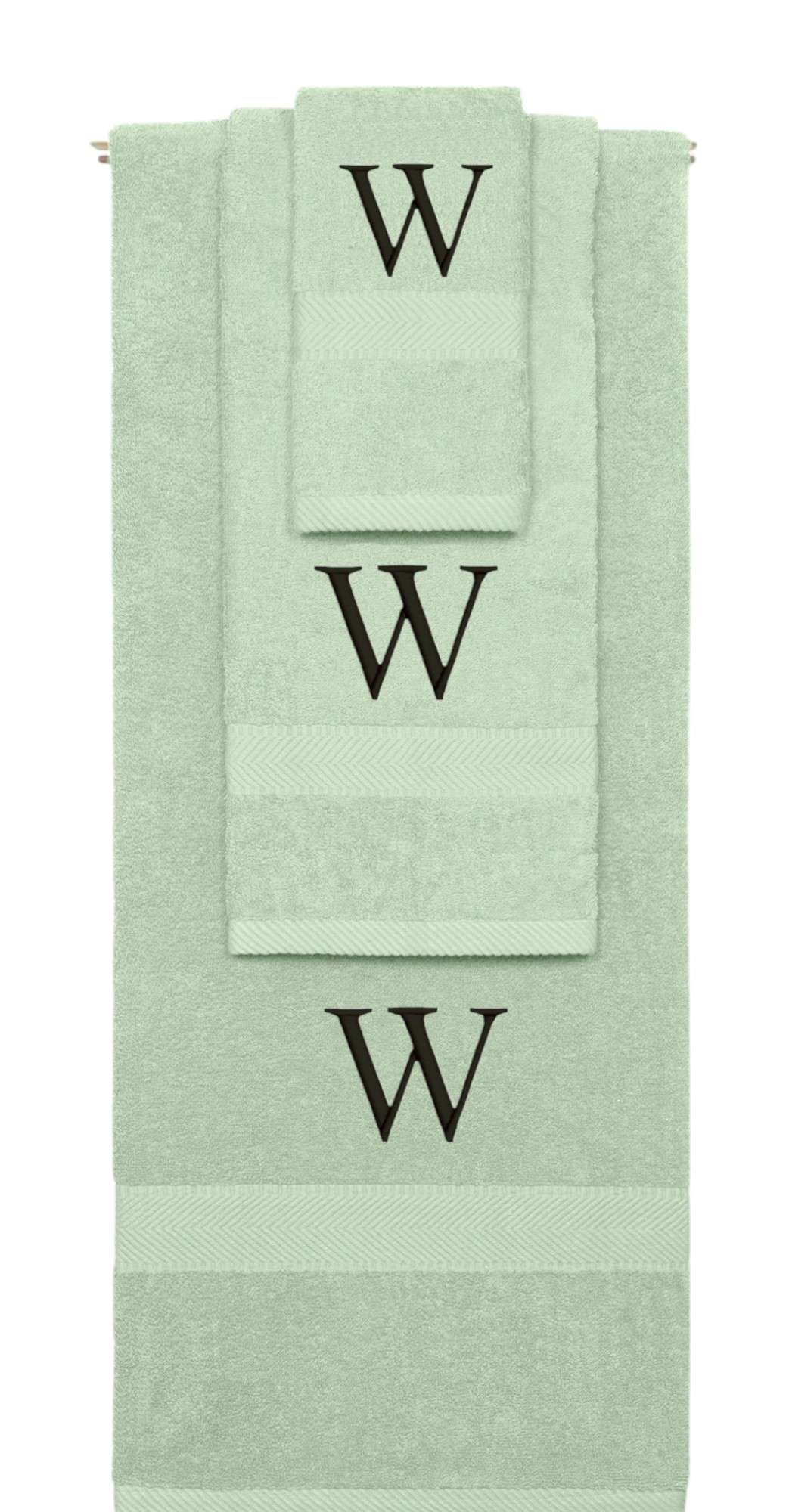Mint Green monogrammed towel set with Black thread, Times New Roman font, initial W - 540 GSM cotton 3-piece