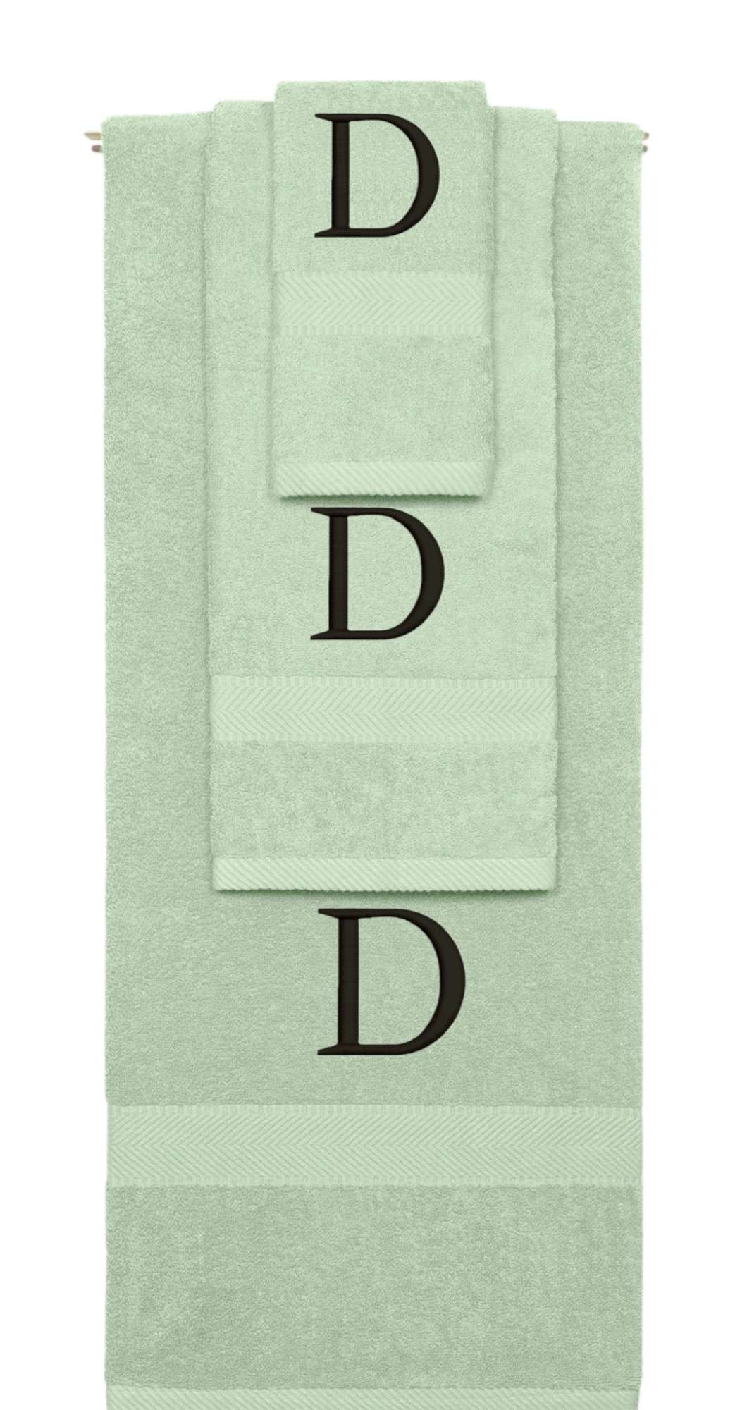 Mint Green monogrammed towel set with Black thread, Times New Roman font, initial D - 540 GSM cotton 3-piece