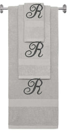 Silver monogrammed towel set with Black thread, Diana Script font, initial R - 540 GSM cotton 3-piece