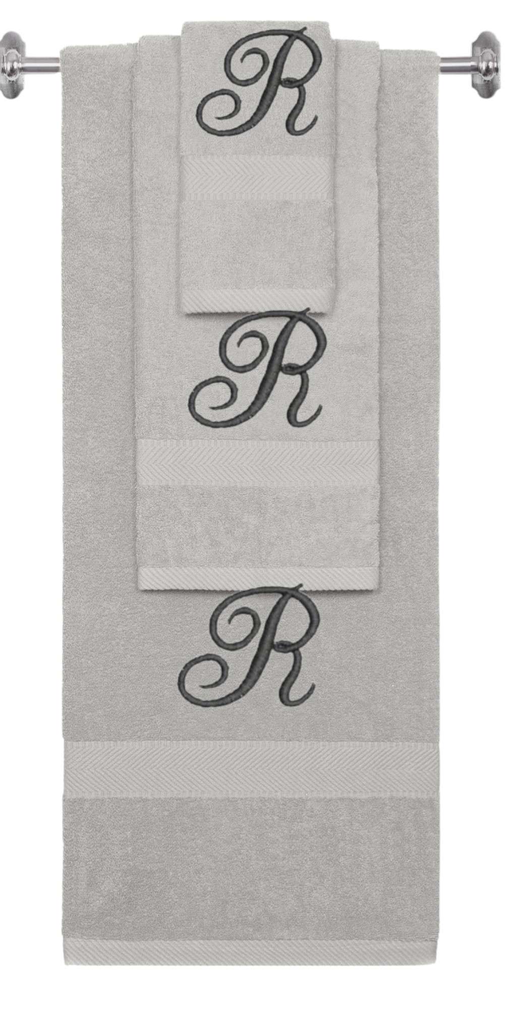 Silver monogrammed towel set with Black thread, Diana Script font, initial R - 540 GSM cotton 3-piece