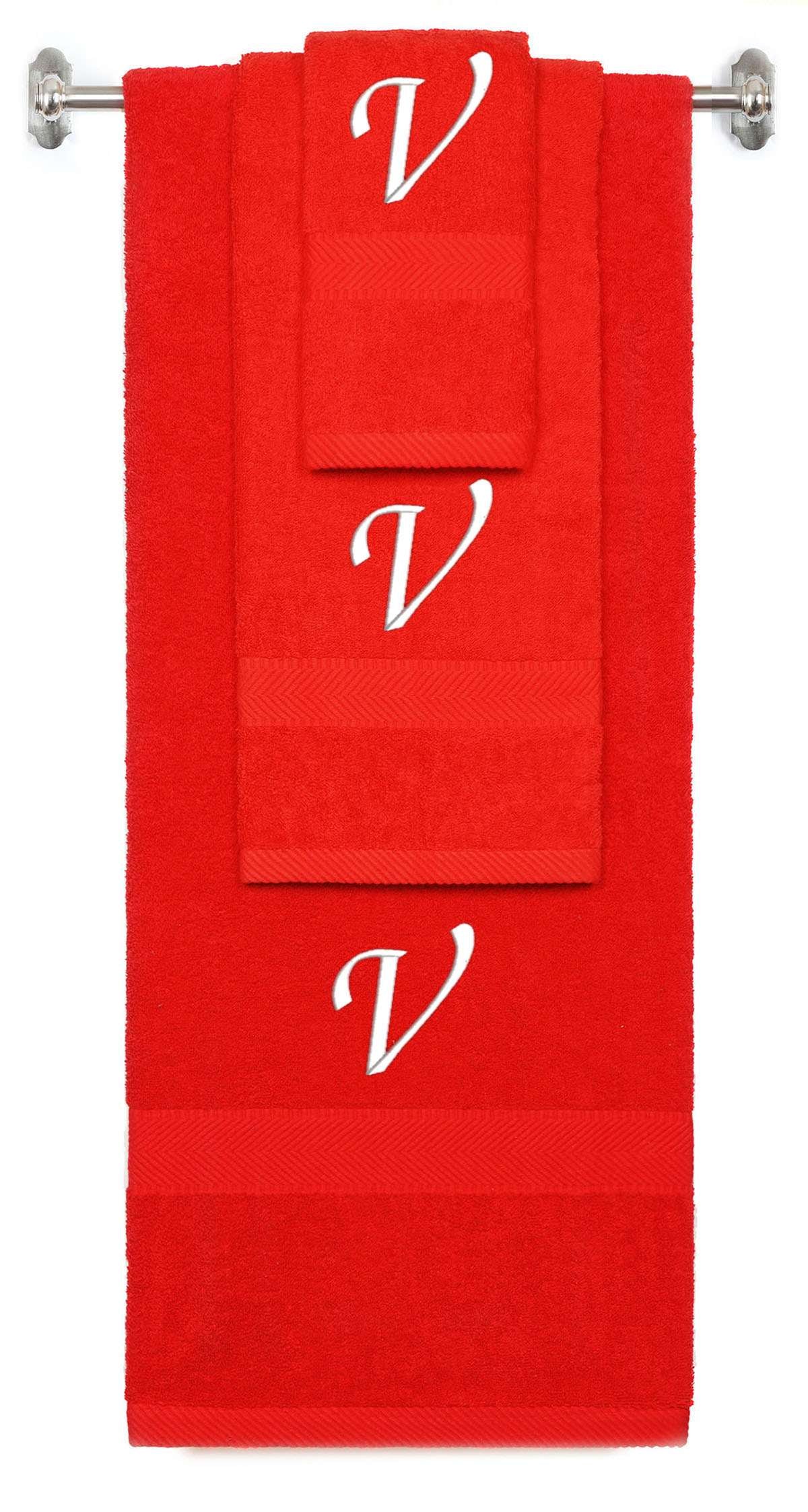 Red monogrammed towel set with White thread, Chancery font, initial V - 540 GSM cotton 3-piece