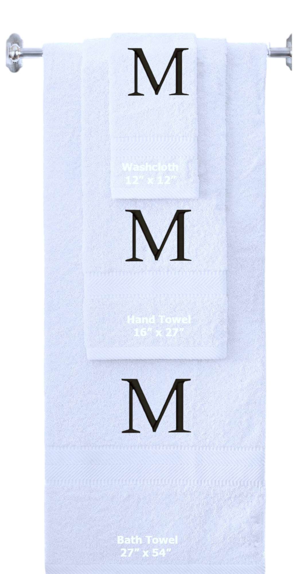 White monogrammed towel set with Black thread, Times New Roman font, initial M - 540 GSM cotton 3-piece