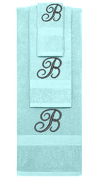 Nautical Teal monogrammed towel set with Black thread, Diana Script font, initial B - 540 GSM cotton 3-piece