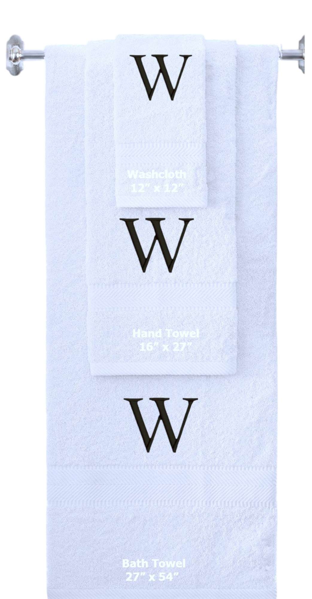 White monogrammed towel set with Black thread, Times New Roman font, initial W - 540 GSM cotton 3-piece