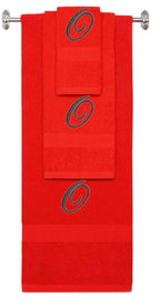 Red monogrammed towel set with Black thread, Diana Script font, initial O - 540 GSM cotton 3-piece