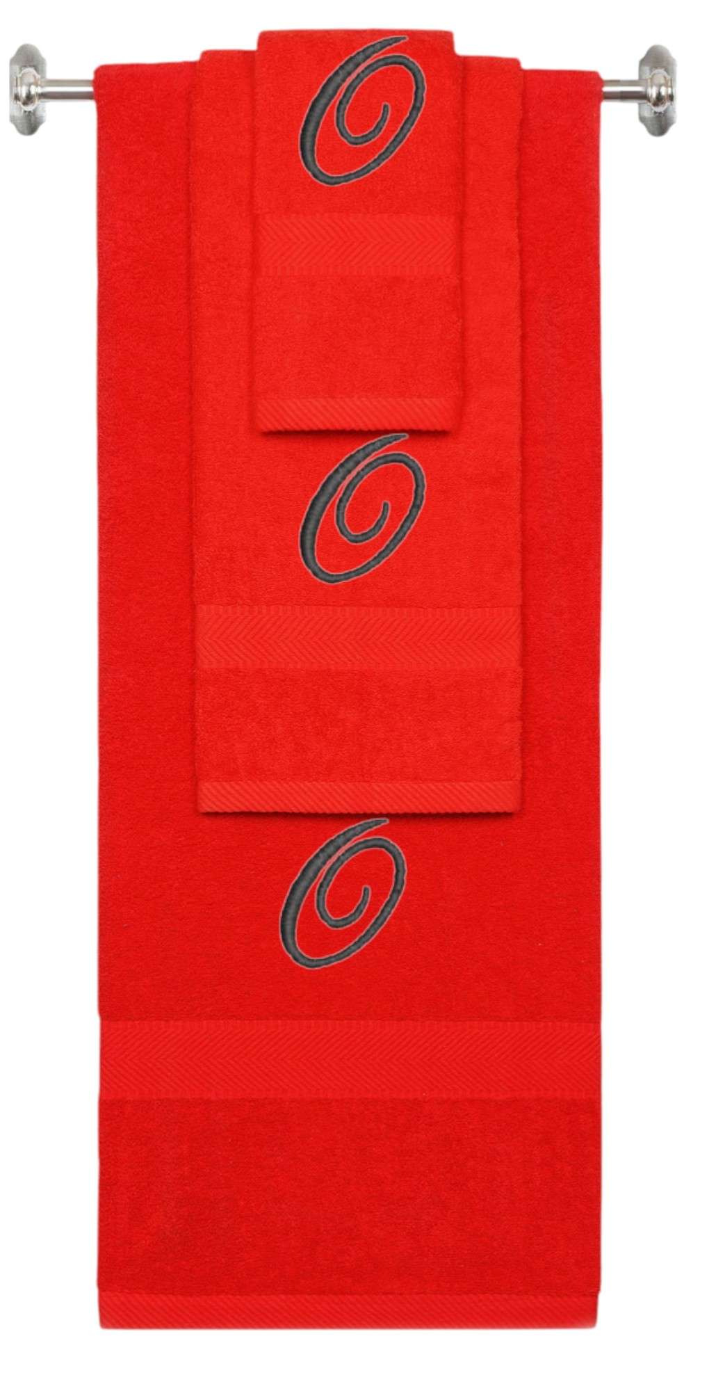 Red monogrammed towel set with Black thread, Diana Script font, initial O - 540 GSM cotton 3-piece