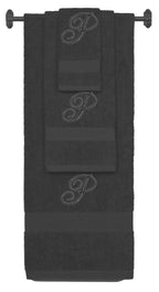Charcoal monogrammed towel set with Black thread, Diana Script font, initial P - 540 GSM cotton 3-piece