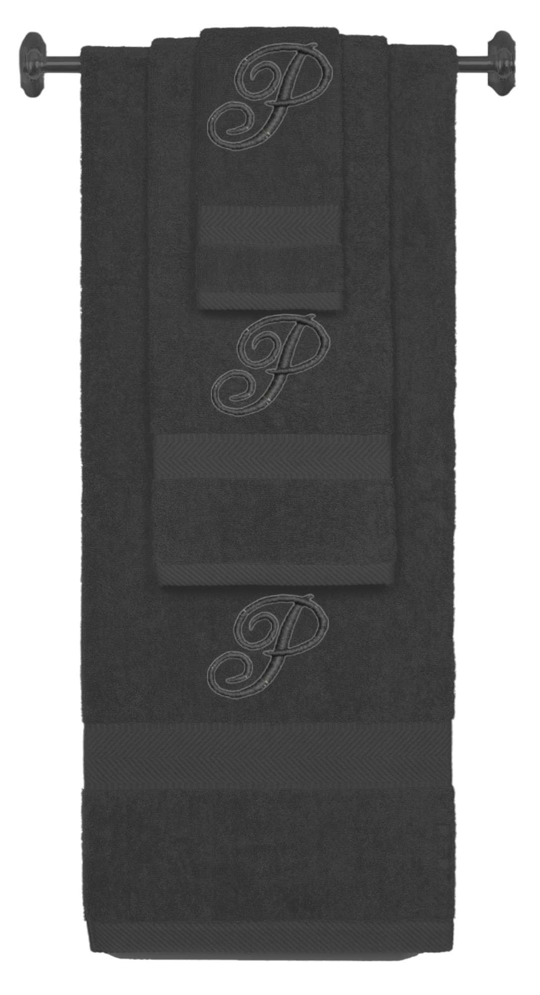 Charcoal monogrammed towel set with Black thread, Diana Script font, initial P - 540 GSM cotton 3-piece