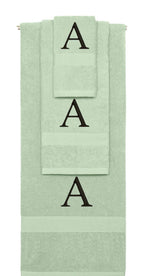 Mint Green monogrammed towel set with Black thread, Times New Roman font, initial A - 540 GSM cotton 3-piece