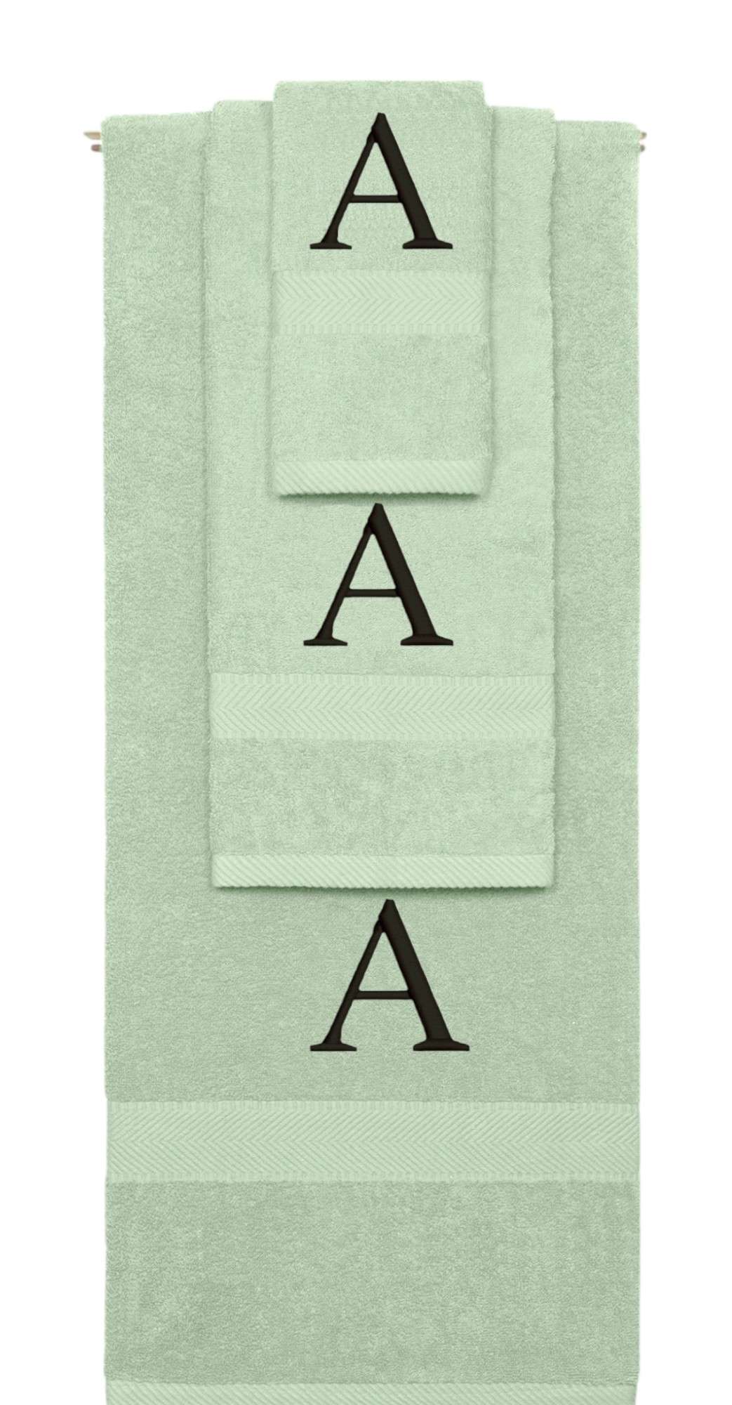 Mint Green monogrammed towel set with Black thread, Times New Roman font, initial A - 540 GSM cotton 3-piece