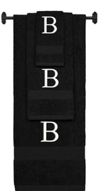 Black monogrammed towel set with White thread, Times New Roman font, initial B - 540 GSM cotton 3-piece