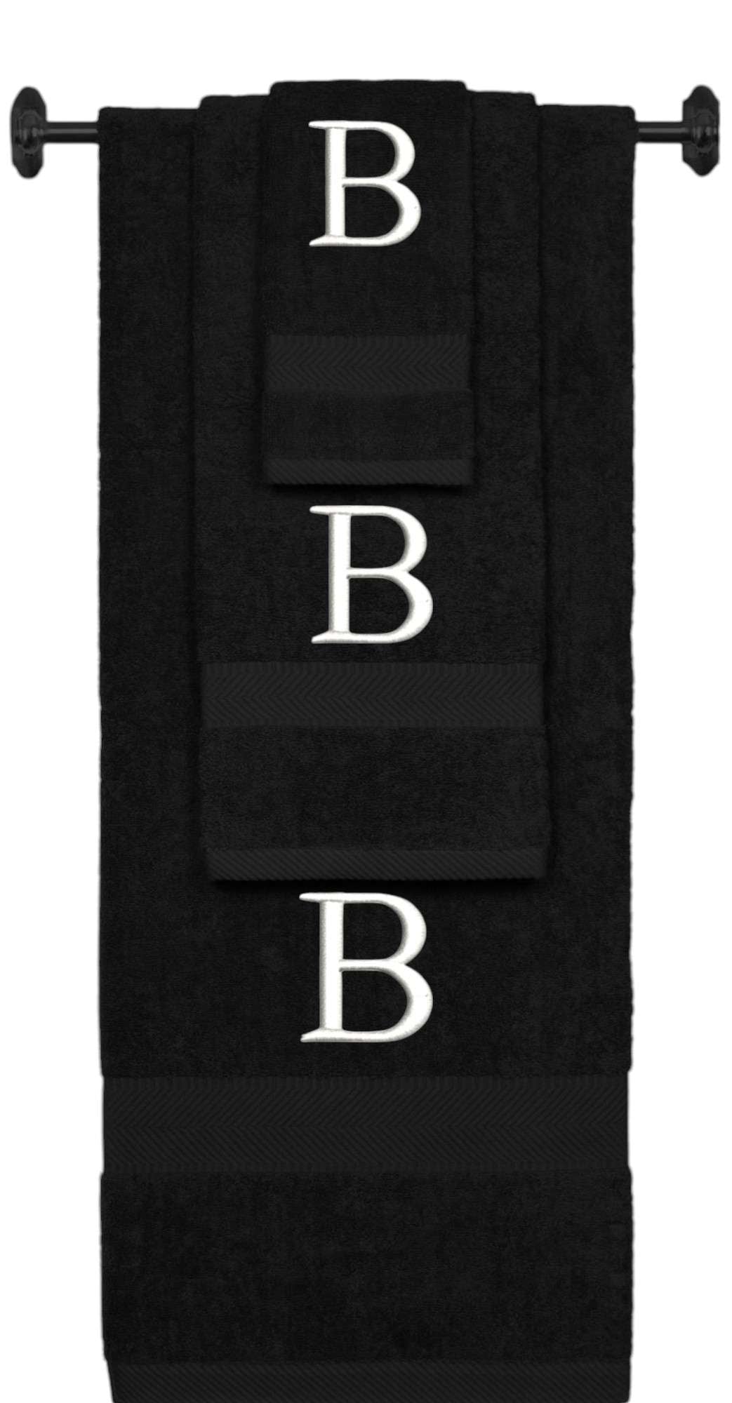 Black monogrammed towel set with White thread, Times New Roman font, initial B - 540 GSM cotton 3-piece