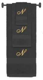 Charcoal monogrammed towel set with Gold thread, Diana Script font, initial N - 540 GSM cotton 3-piece