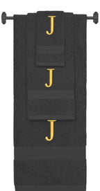 Charcoal monogrammed towel set with Gold thread, Times New Roman font, initial J - 540 GSM cotton 3-piece