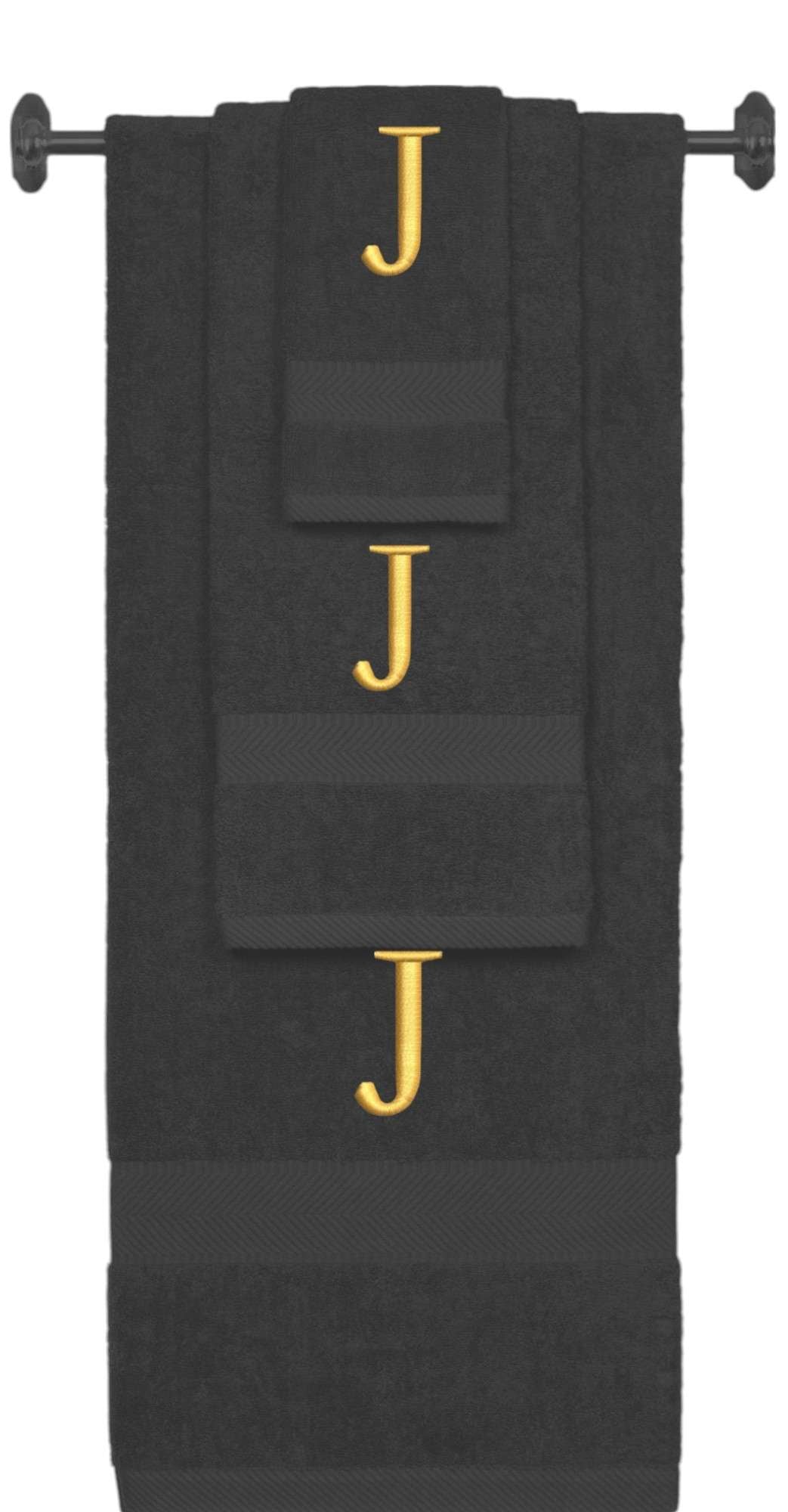Charcoal monogrammed towel set with Gold thread, Times New Roman font, initial J - 540 GSM cotton 3-piece