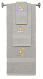 Silver monogrammed towel set with Gold thread, Chancery font, initial L - 540 GSM cotton 3-piece
