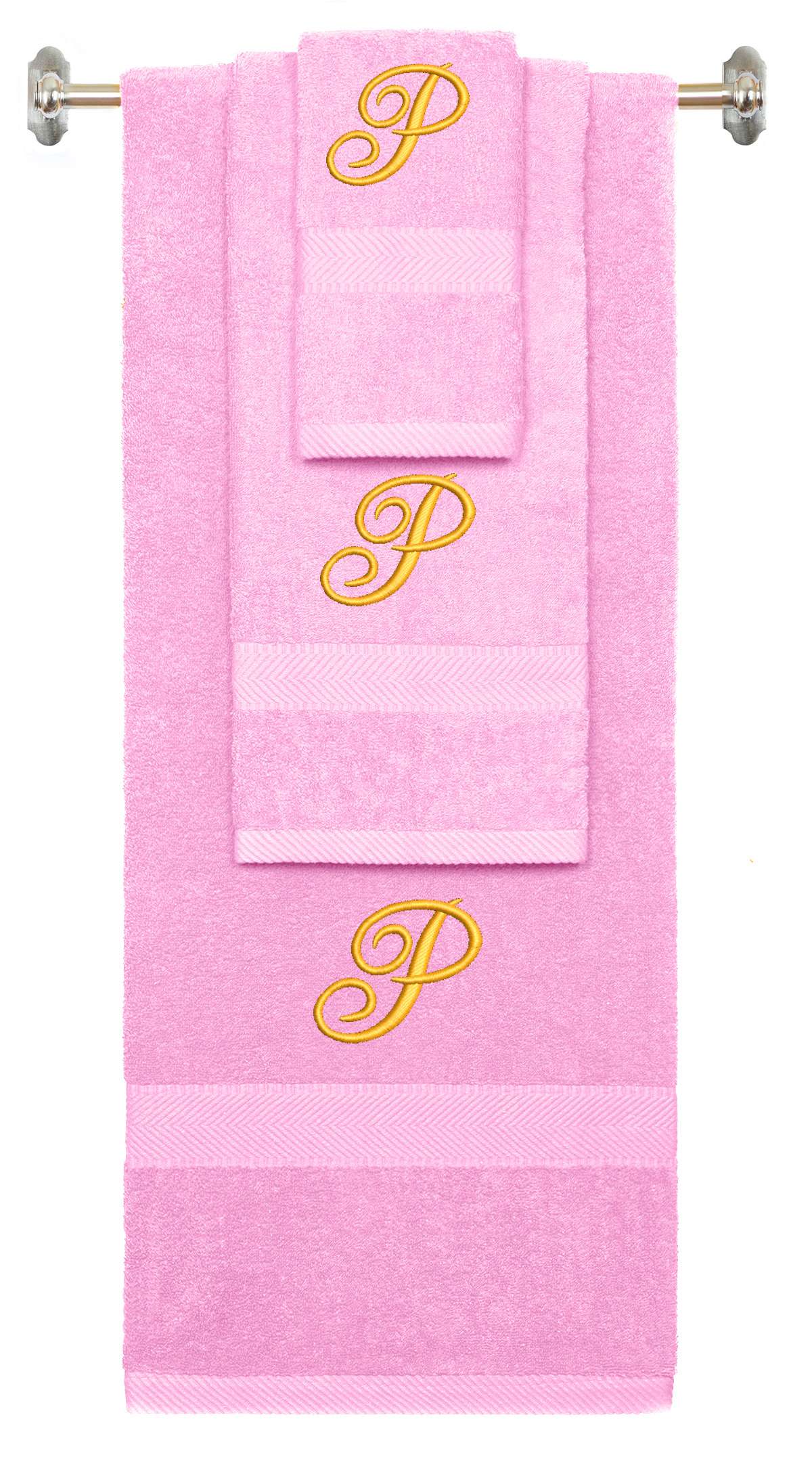 Pink monogrammed towel set with Gold thread, Diana Script font, initial P - 540 GSM cotton 3-piece