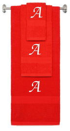 Red monogrammed towel set with White thread, Chancery font, initial A - 540 GSM cotton 3-piece