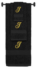 Black monogrammed towel set with Gold thread, Diana Script font, initial I - 540 GSM cotton 3-piece