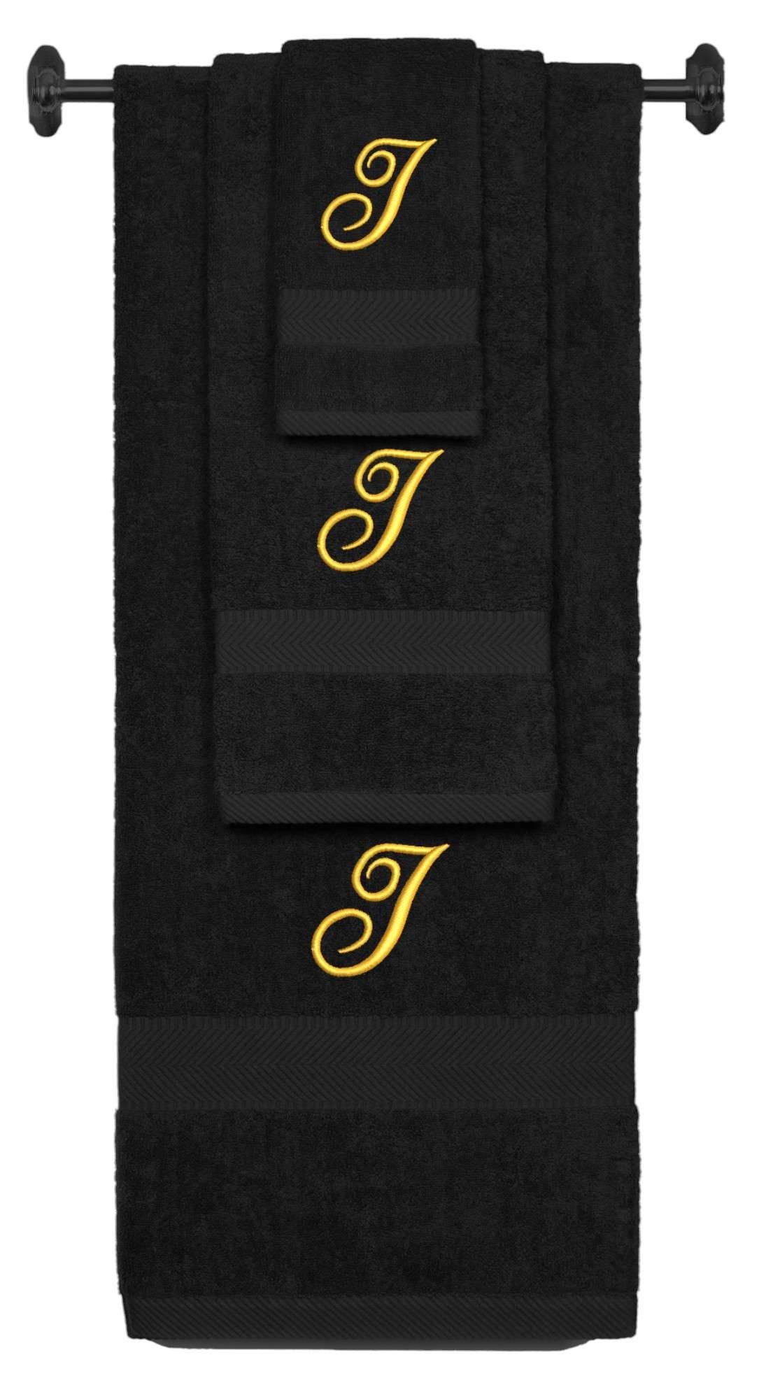 Black monogrammed towel set with Gold thread, Diana Script font, initial I - 540 GSM cotton 3-piece