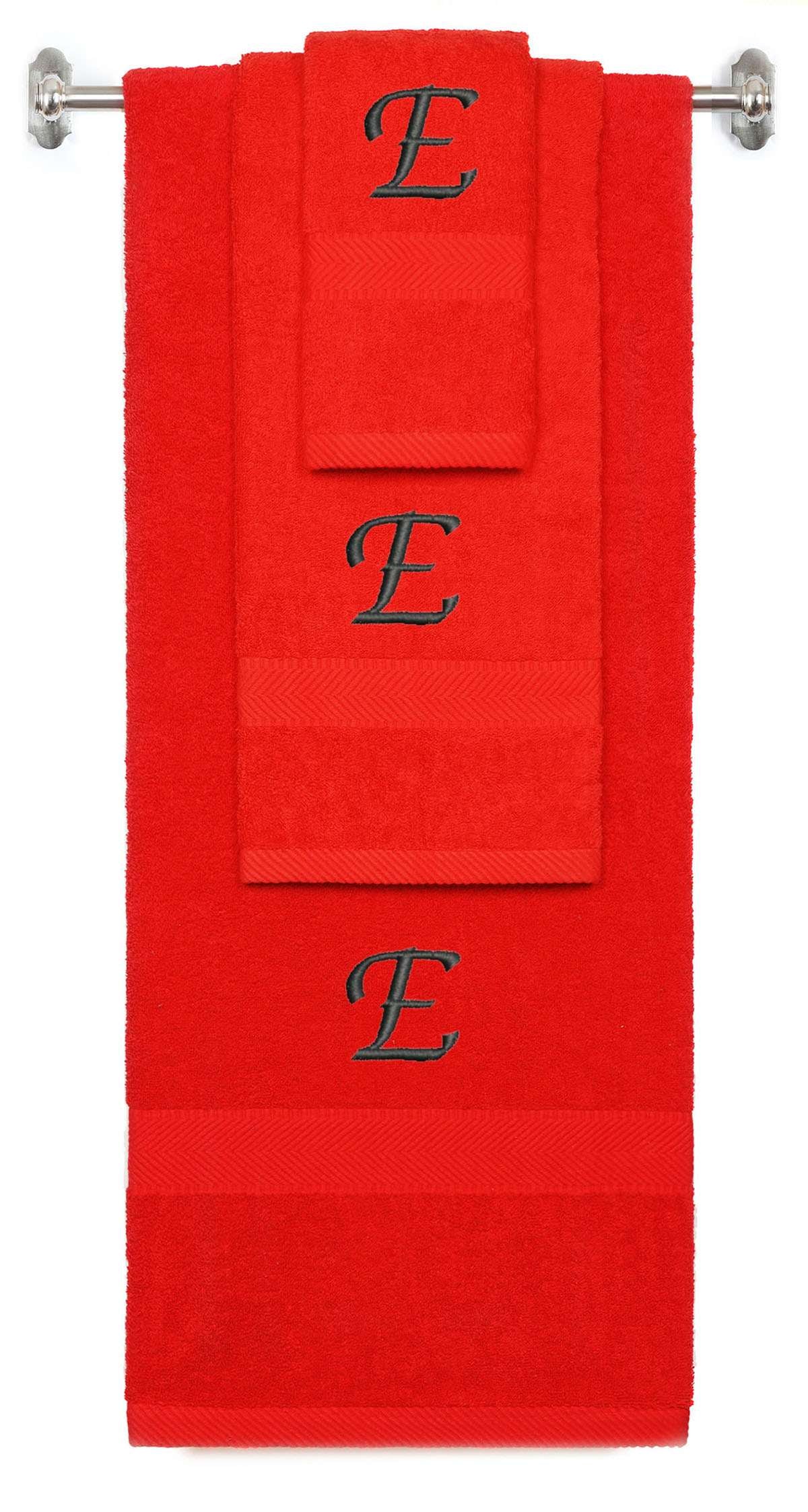 Red monogrammed towel set with Black thread, Chancery font, initial E - 540 GSM cotton 3-piece