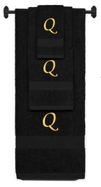 Black monogrammed towel set with Gold thread, Chancery font, initial Q - 540 GSM cotton 3-piece