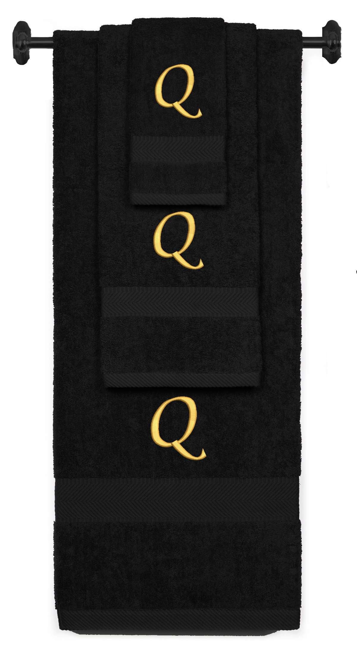 Black monogrammed towel set with Gold thread, Chancery font, initial Q - 540 GSM cotton 3-piece