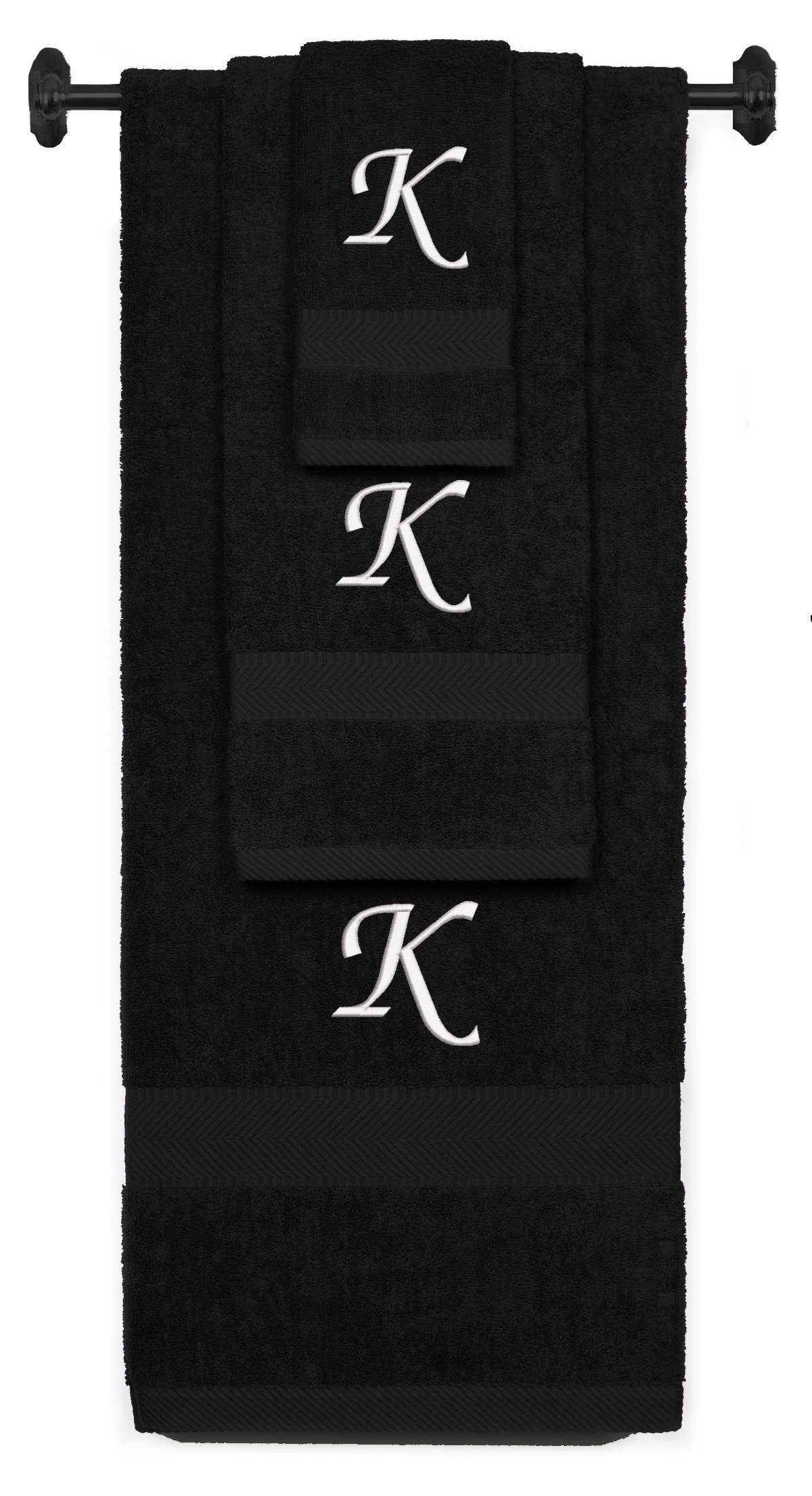 Black monogrammed towel set with White thread, Chancery font, initial K - 540 GSM cotton 3-piece