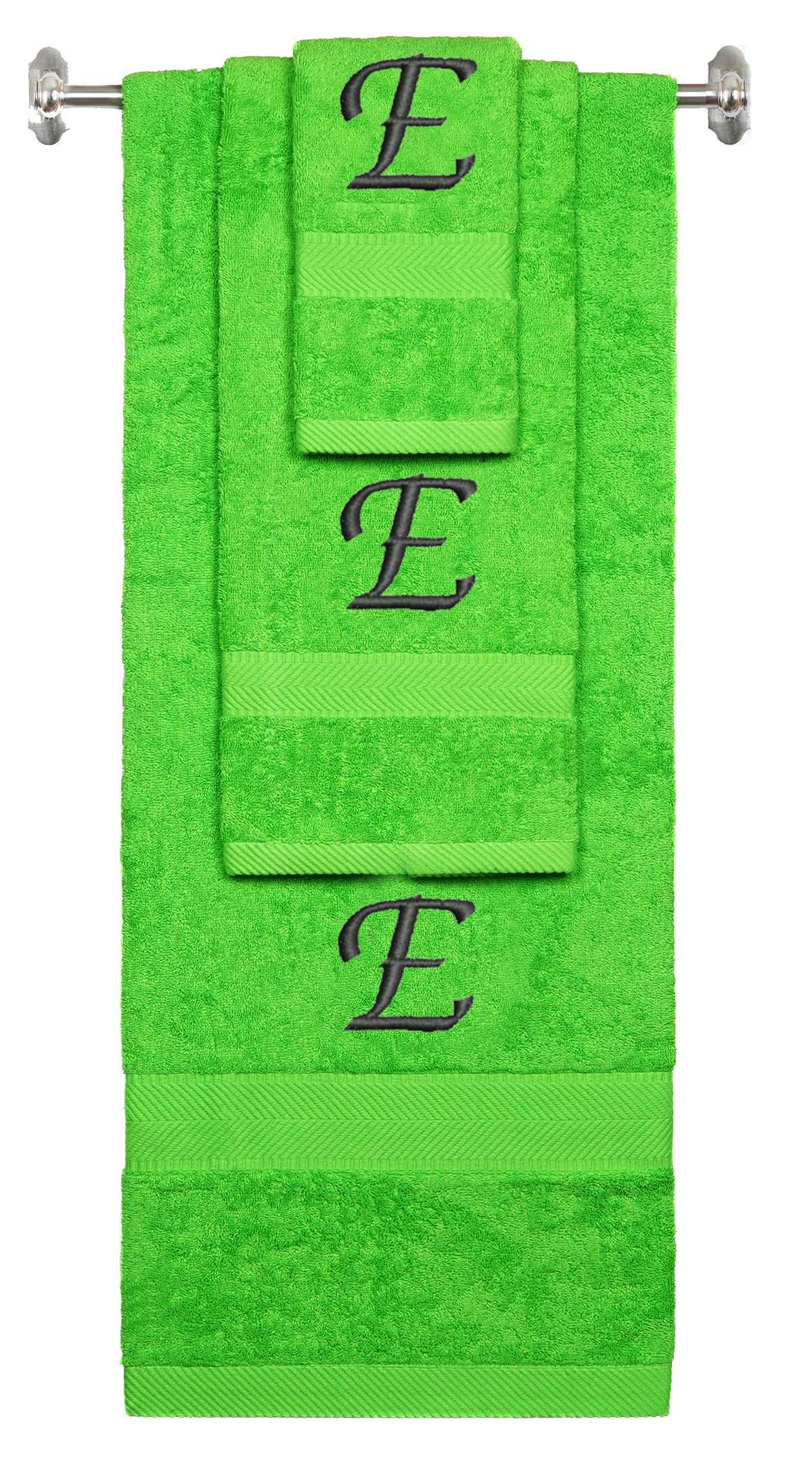 Lime monogrammed towel set with Black thread, Chancery font, initial E - 540 GSM cotton 3-piece