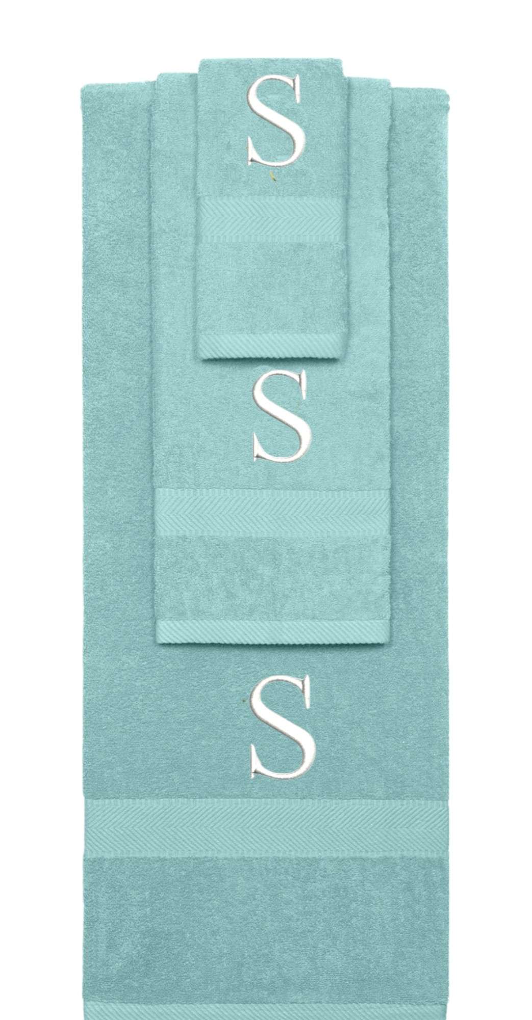 Nautical Teal monogrammed towel set with White thread, Times New Roman font, initial S - 540 GSM cotton 3-piece