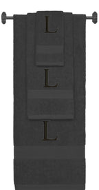 Charcoal monogrammed towel set with Black thread, Times New Roman font, initial L - 540 GSM cotton 3-piece
