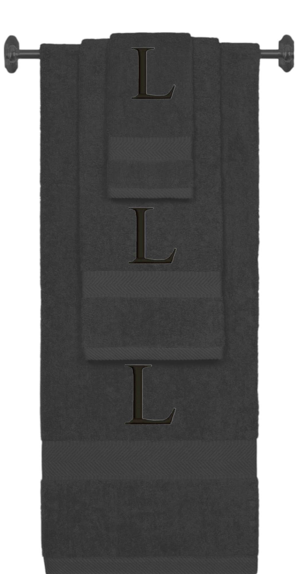 Charcoal monogrammed towel set with Black thread, Times New Roman font, initial L - 540 GSM cotton 3-piece