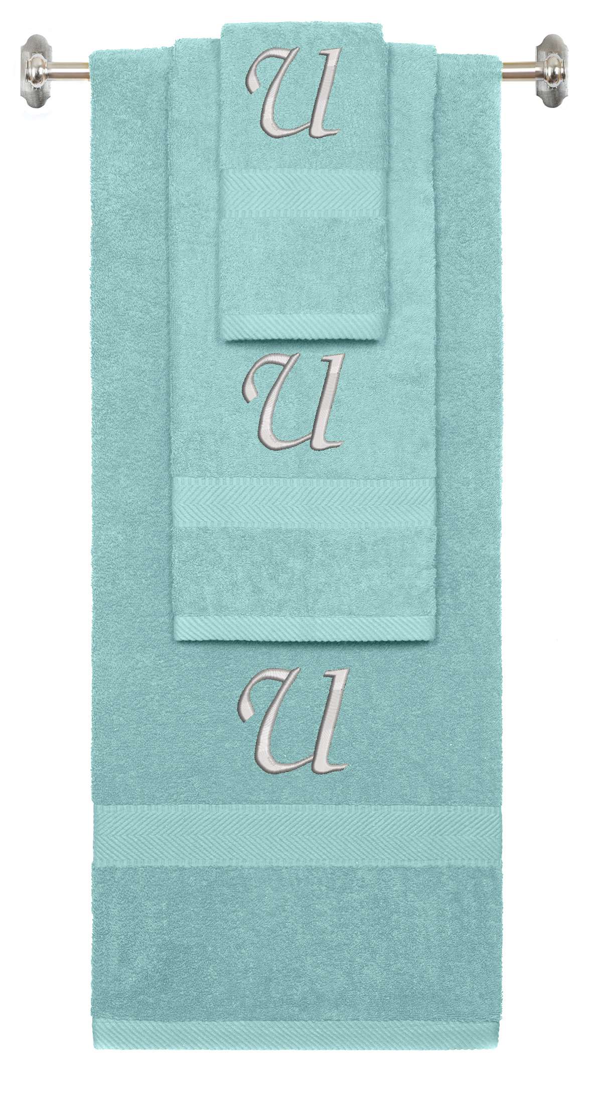 Nautical Teal monogrammed towel set with Silver thread, Chancery font, initial V - 540 GSM cotton 3-piece