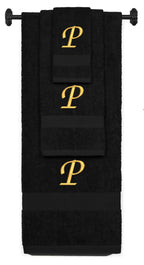 Black monogrammed towel set with Gold thread, Chancery font, initial P - 540 GSM cotton 3-piece