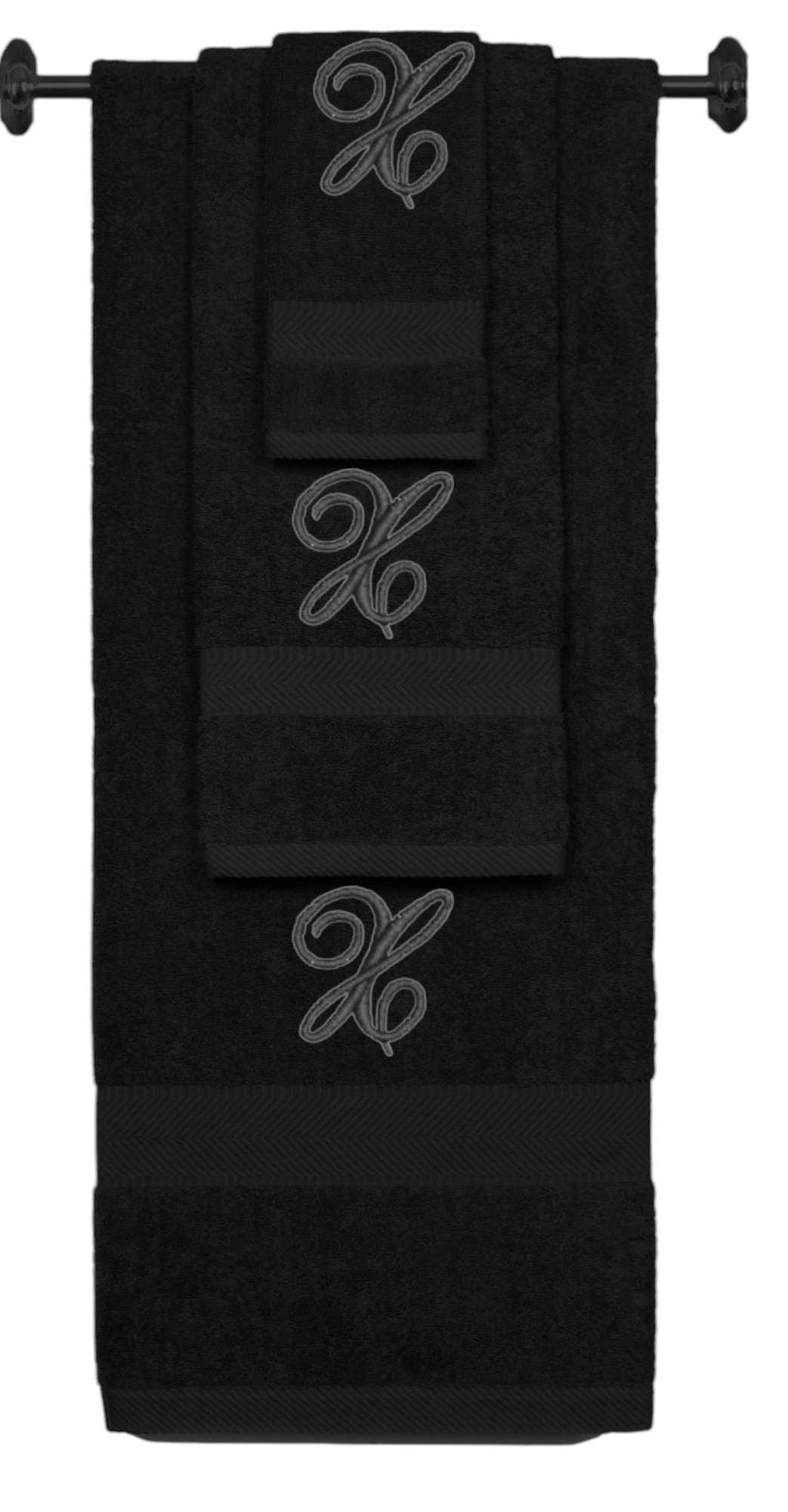 Black monogrammed towel set with Black thread, Diana Script font, initial X - 540 GSM cotton 3-piece