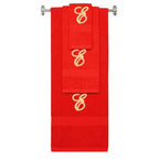 Red monogrammed towel set with Gold thread, Diana Script font, initial E - 540 GSM cotton 3-piece