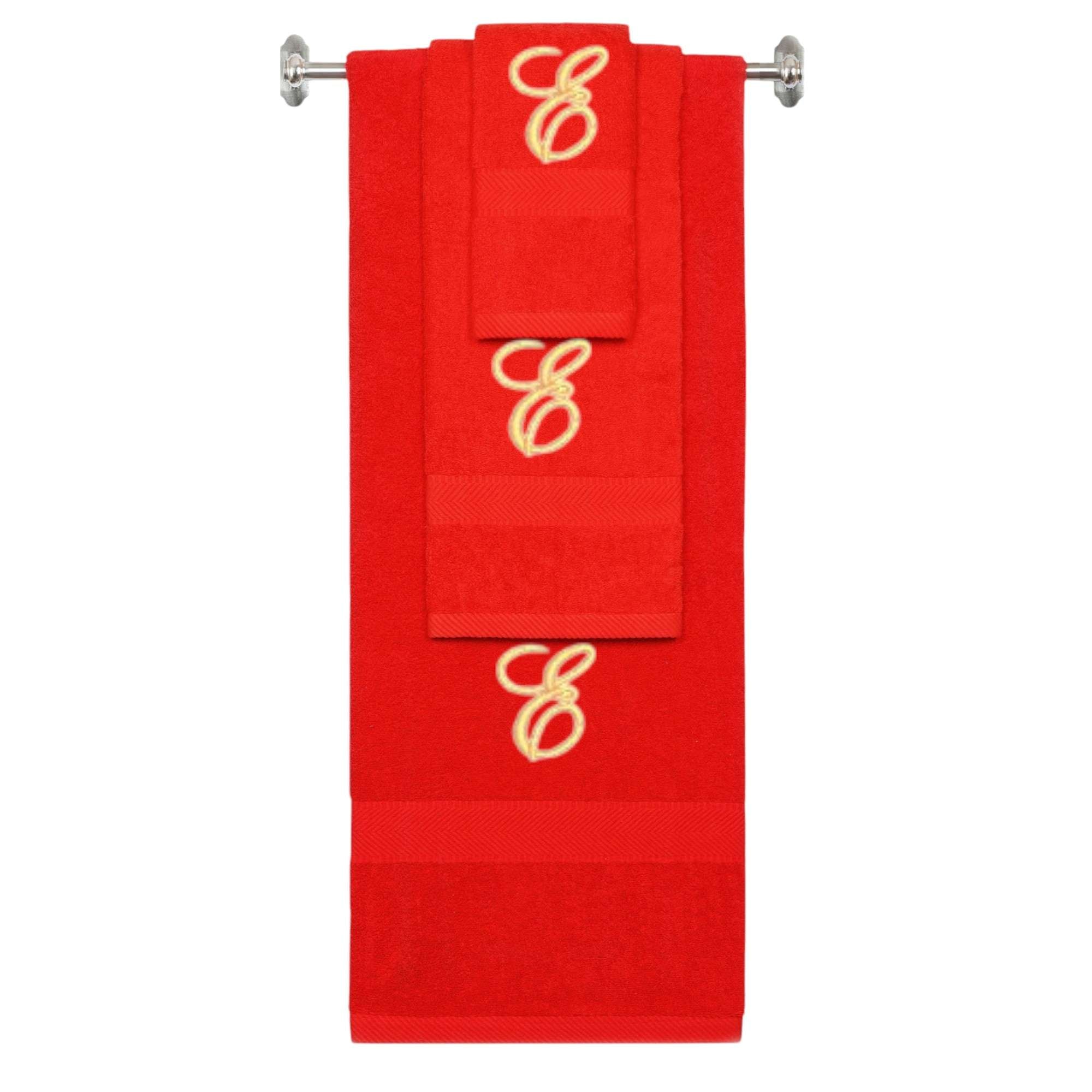 Red monogrammed towel set with Gold thread, Diana Script font, initial E - 540 GSM cotton 3-piece
