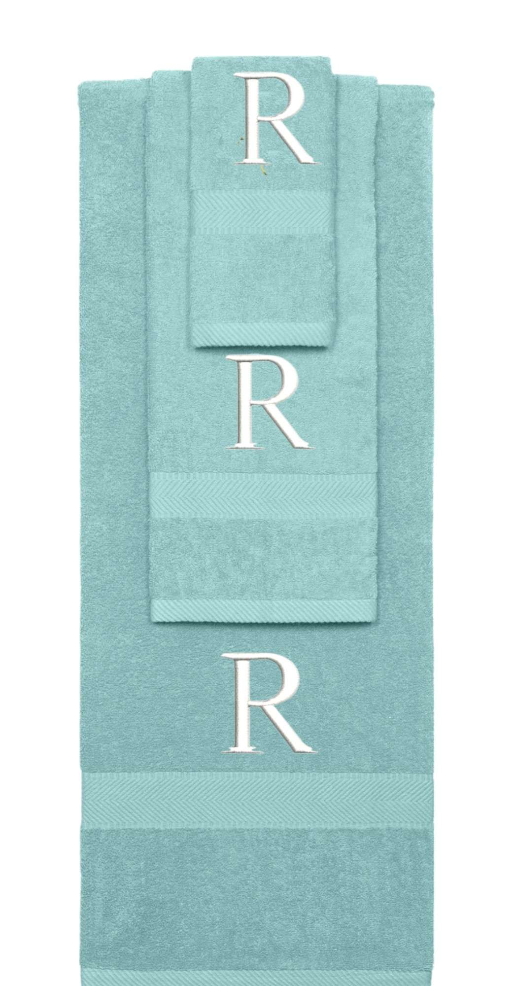 Nautical Teal monogrammed towel set with White thread, Times New Roman font, initial R - 540 GSM cotton 3-piece