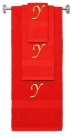 Red monogrammed towel set with Gold thread, Chancery font, initial Y - 540 GSM cotton 3-piece