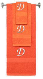 Orange monogrammed towel set with White thread, Chancery font, initial D - 540 GSM cotton 3-piece