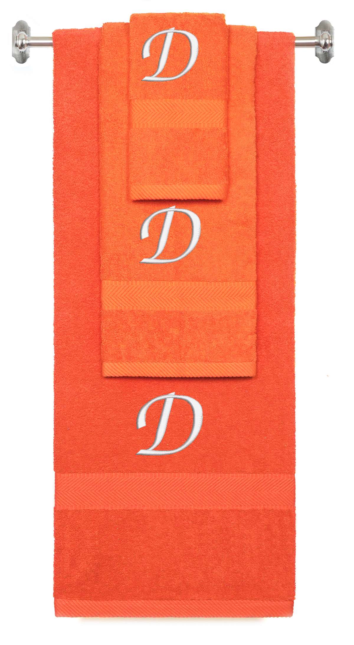 Orange monogrammed towel set with White thread, Chancery font, initial D - 540 GSM cotton 3-piece