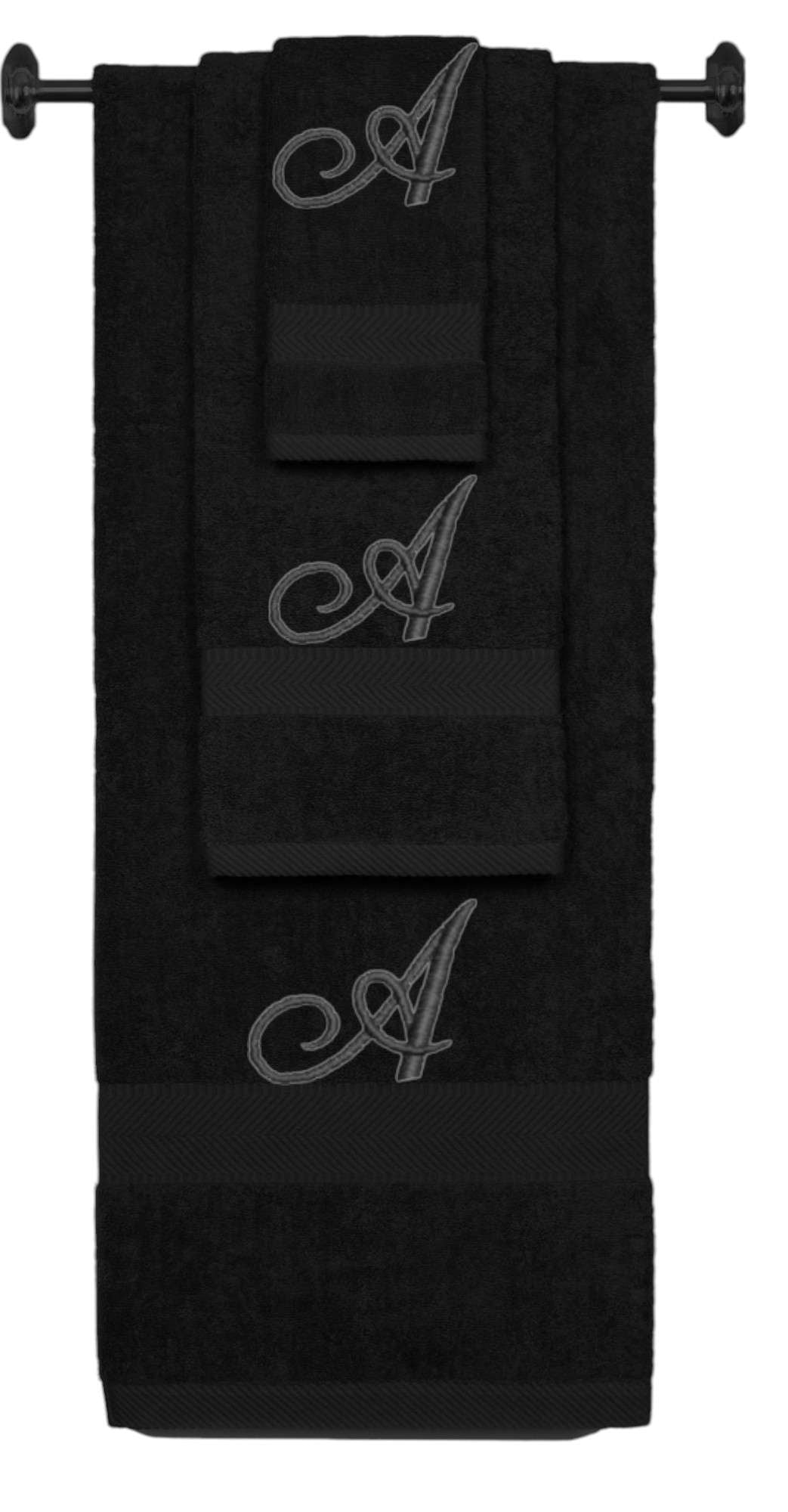 Black monogrammed towel set with Black thread, Diana Script font, initial A - 540 GSM cotton 3-piece