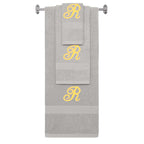 Silver monogrammed towel set with Gold thread, Diana Script font, initial R - 540 GSM cotton 3-piece
