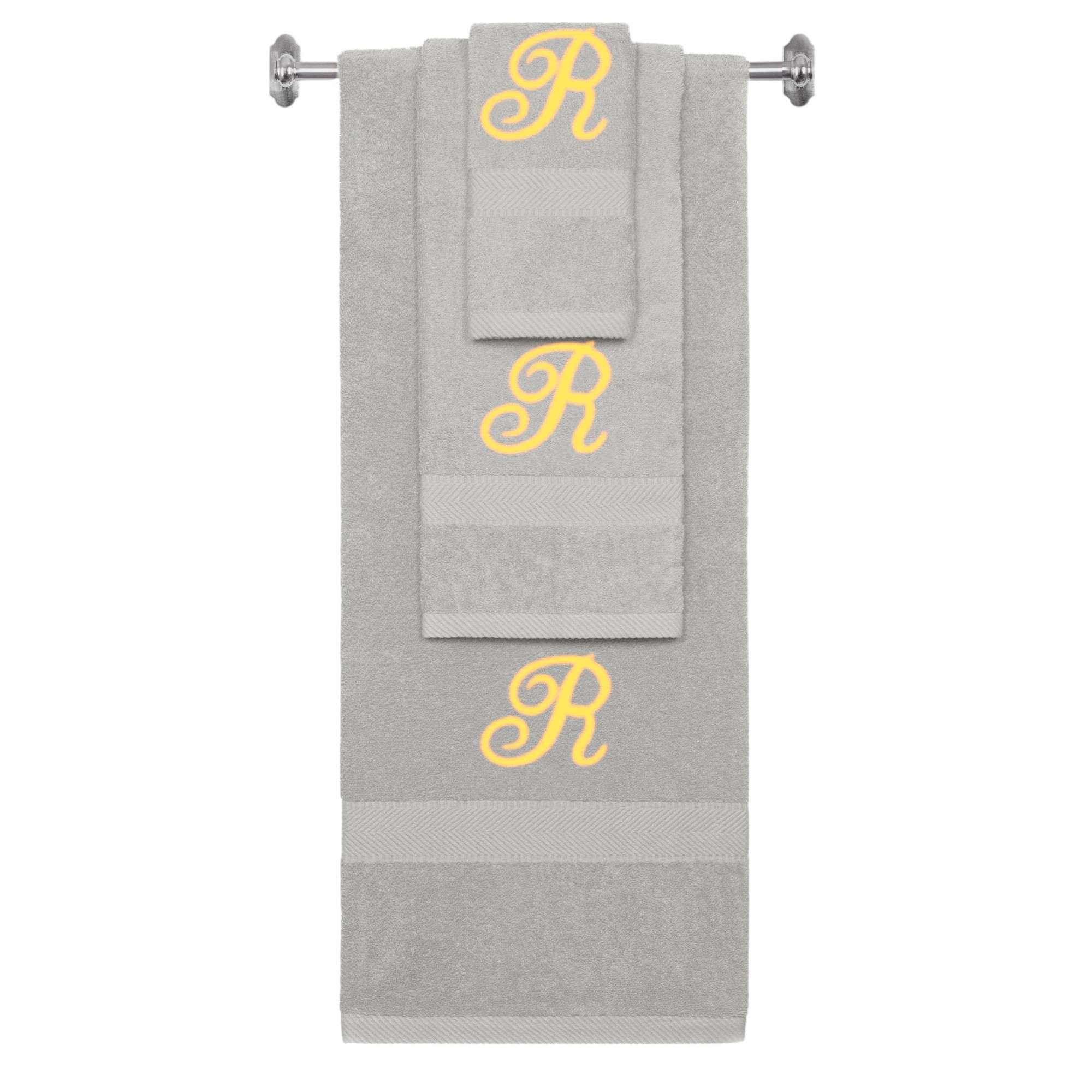 Silver monogrammed towel set with Gold thread, Diana Script font, initial R - 540 GSM cotton 3-piece