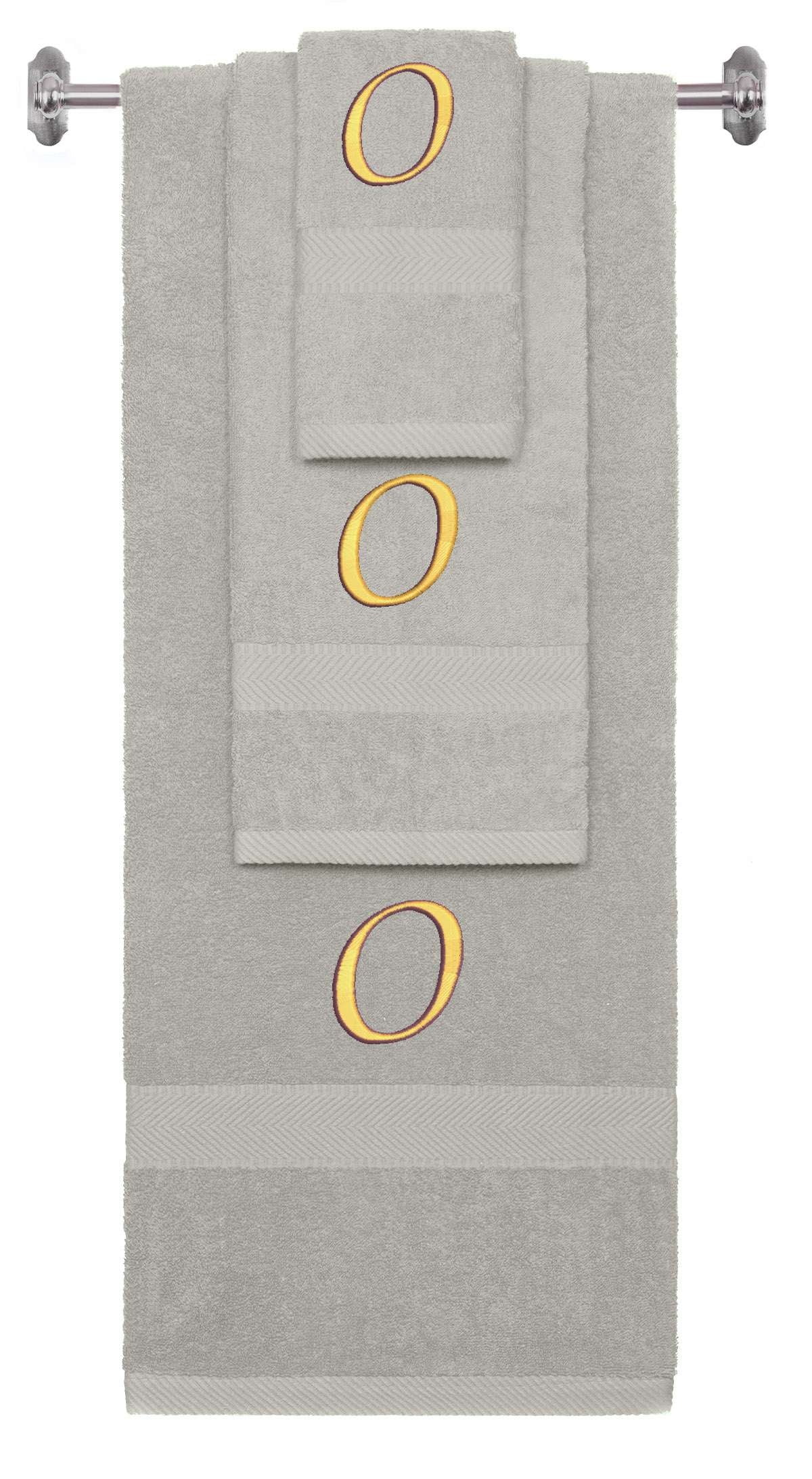 Silver monogrammed towel set with Gold thread, Chancery font, initial O - 540 GSM cotton 3-piece