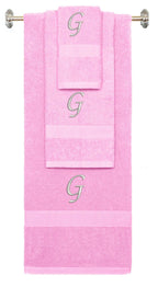 Pink monogrammed towel set with Silver thread, Chancery font, initial G - 540 GSM cotton 3-piece