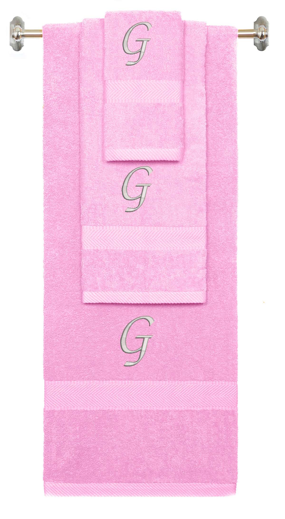 Pink monogrammed towel set with Silver thread, Chancery font, initial G - 540 GSM cotton 3-piece