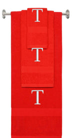 Red monogrammed towel set with Silver thread, Times New Roman font, initial T - 540 GSM cotton 3-piece