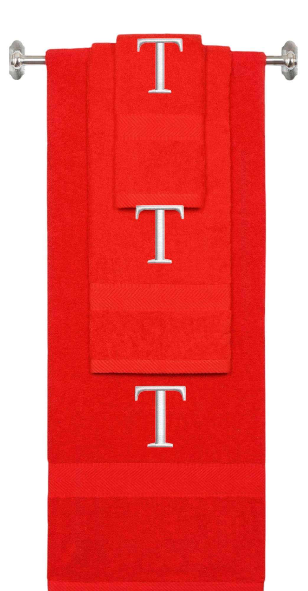 Red monogrammed towel set with Silver thread, Times New Roman font, initial T - 540 GSM cotton 3-piece